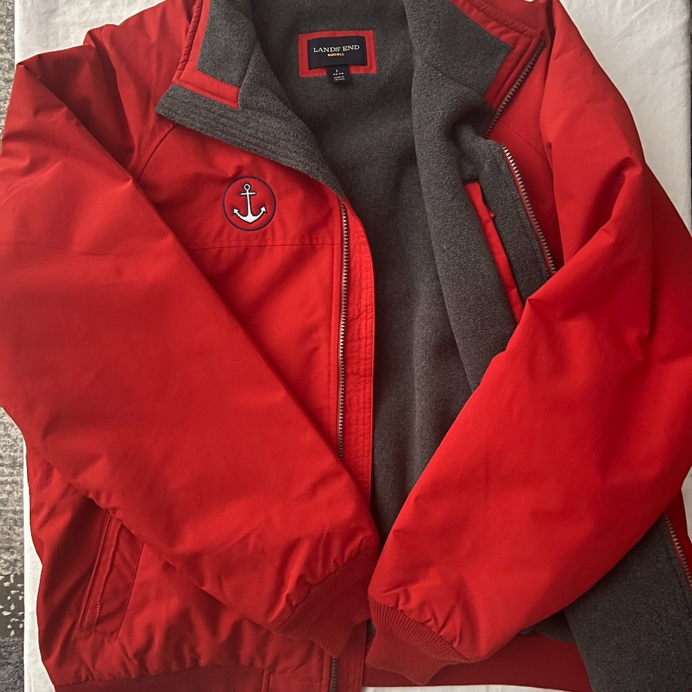 Men's Lands End Squall Jacket, Sz L; Red weatherproof outer, Gray fleece liner